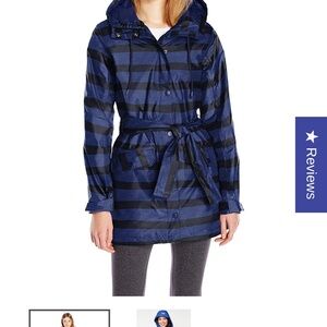 Helly Hansen Hooded Belted Rain Jacket Coat Blue Black Striped Waterproof Medium